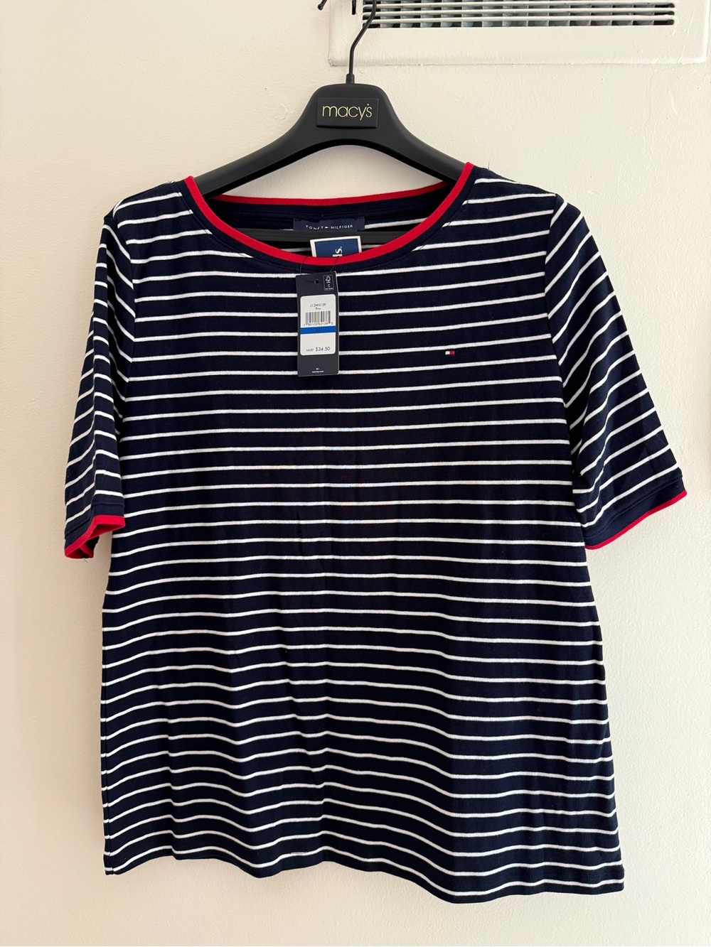 Tommy Hilfiger Navy Striped Crew Neck Shirt with Red Trim